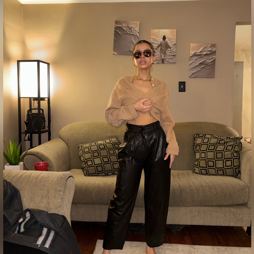 ALFRED SUNG Genuine Leather Wide Leg Pants